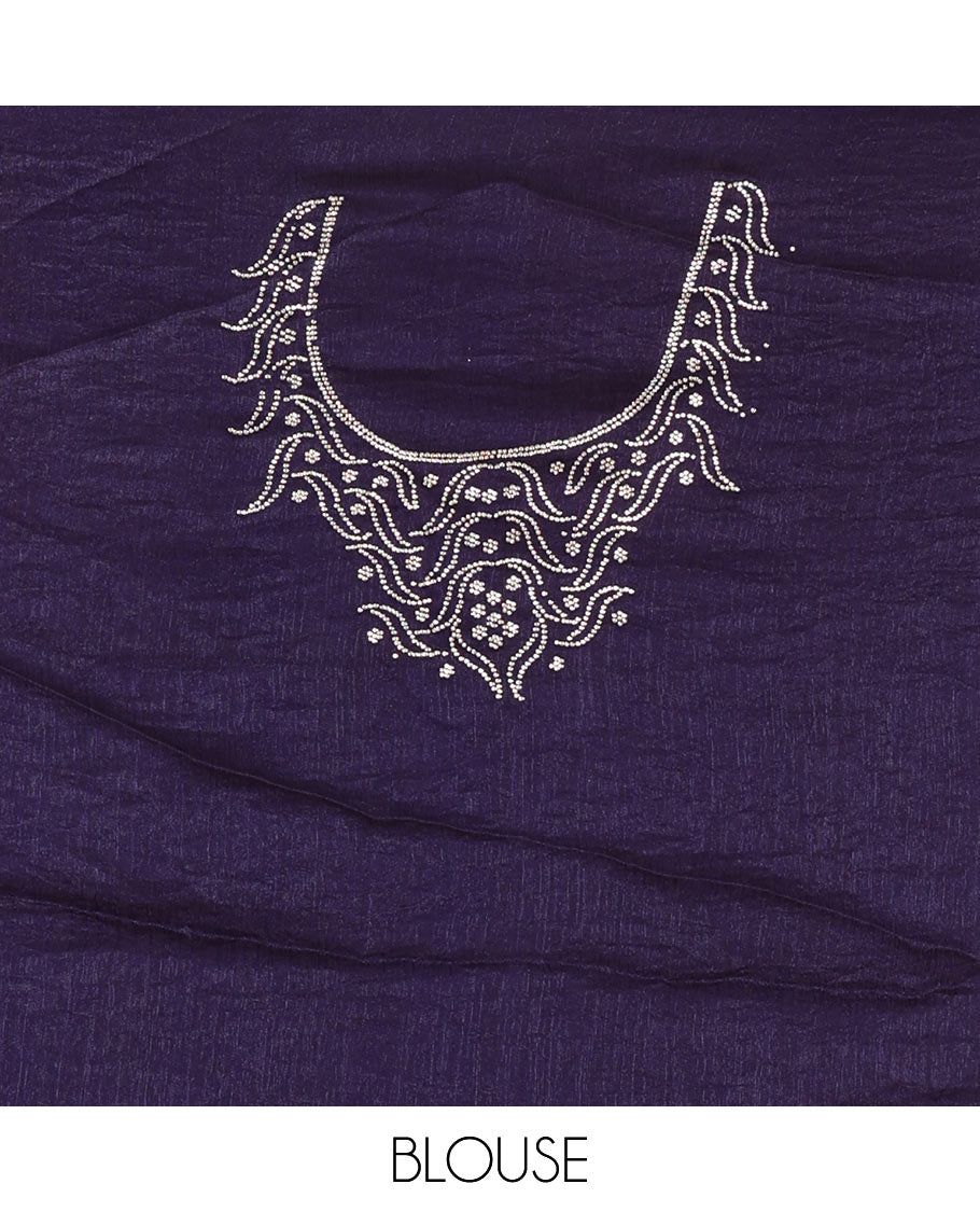 Blue micro stonework Fendi chiffon saree, scallop micro stonework border, stonework paisley pallu, and matching micro stone work blouse