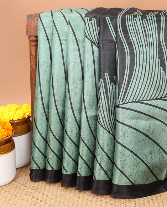 Black & olive green abstract black ground design khadhi silk saree with lariya border & lariya blouse