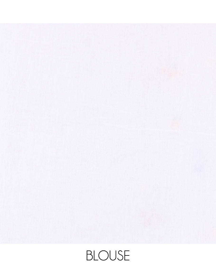 Borderless white floral motifs thread embroidered khadi mul cotton saree, floral motifs thread embroidered pallu, and a matching plain blouse