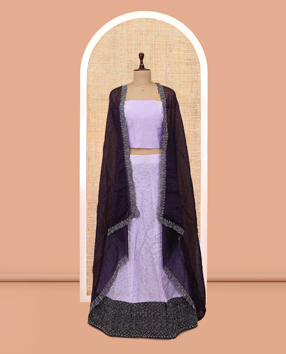 Lavender Banarasi Half-Saree, Finely Crafted with Bead Work Skirt, a Contrast Stone Work Border, Matching Blouse, and Contrast Scallop Stone Work Dupatta