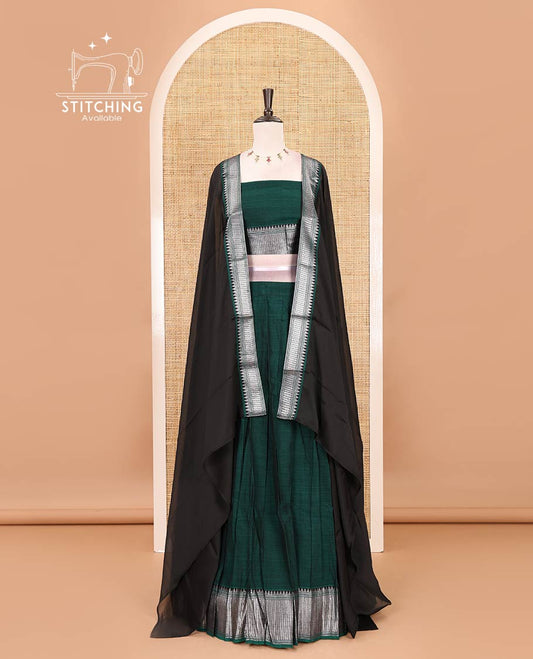 Green-Black Mercerised cotton half-saree, plain & contrast temple geometric border skirt, matching blouse & contrast zari border Vichitra silk dhavani