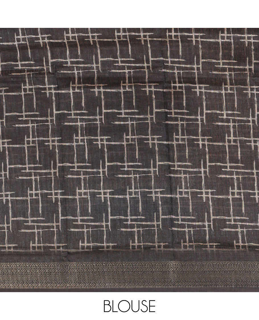 Chikku geometric printed semi-jute saree, contrast geometric zari border, Madhubani-style printed pallu, & black blouse of print & zari work