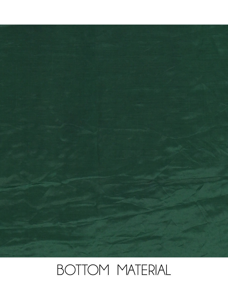 Green material chudidar set, black beads & mirror neck embroidered with buttas woven vichitra silk top, santoon bottom & contrast mirror work chiffon dupatta