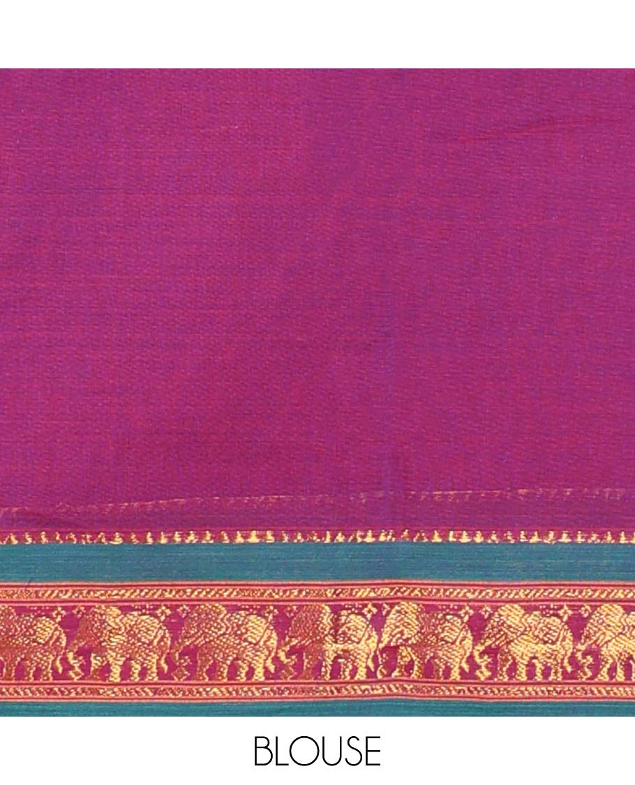 Blue cotton half saree with contrast zari border, plain blouse & plain with zari border dhavani