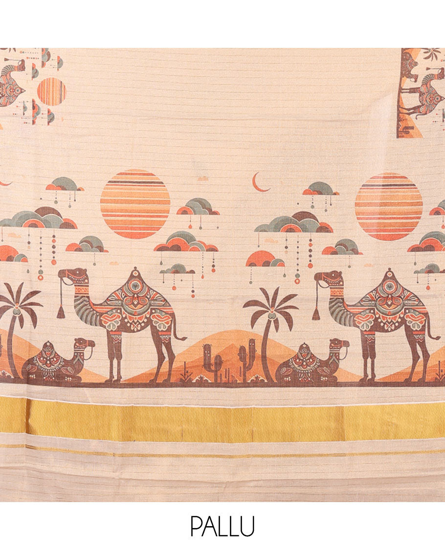 Light Gold Kerala Tissue Saree, Elevated with Desert-Themed Camel Motifs Printed on Its Body, Highlighted by a Zari Border, Desert-Theme Printed Pallu, and Paired with a Matching Blouse