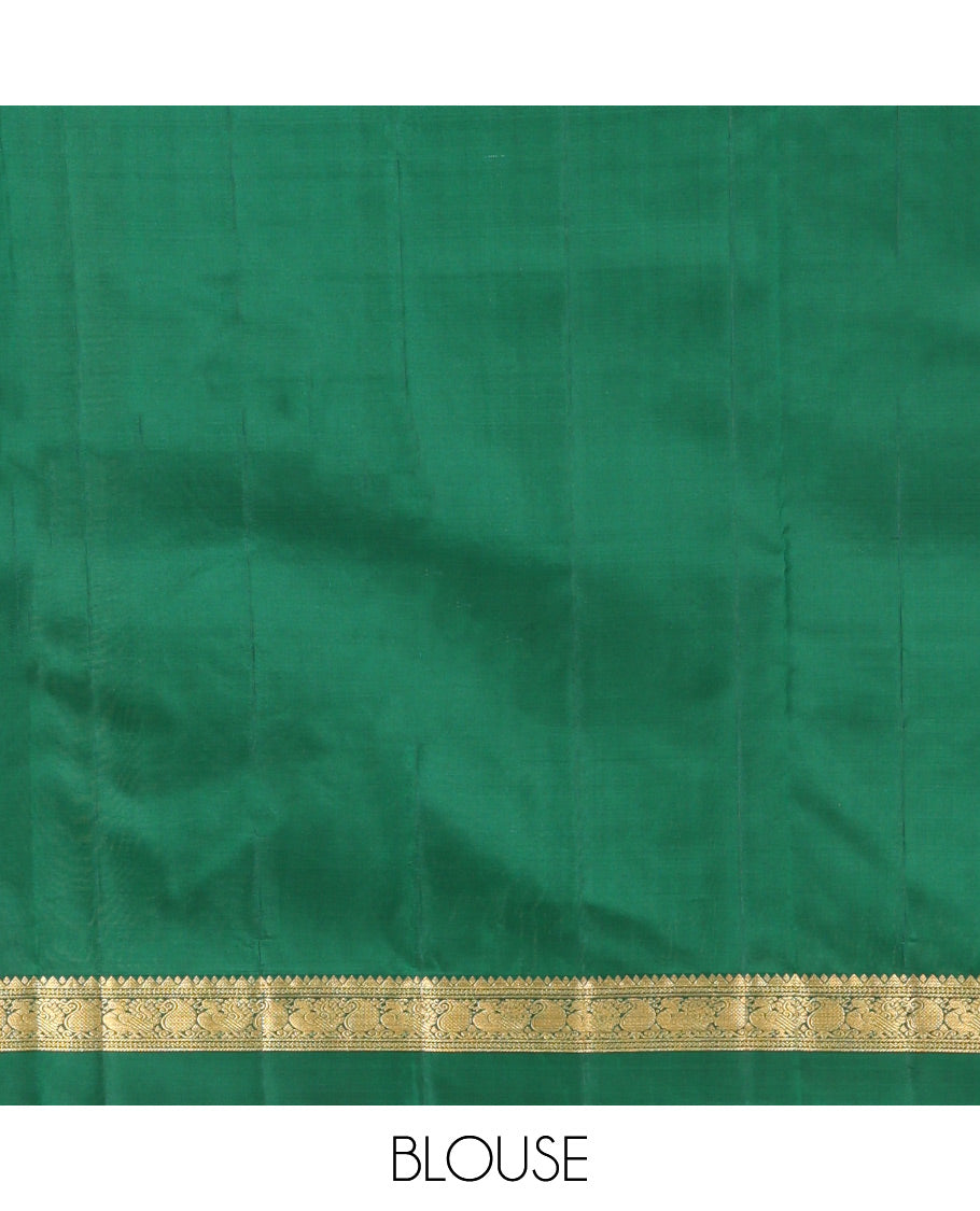Green Vasundhara Silk Saree, Woven with Zari Buttas, a Kal Eragina Border of Rekku, Neli, Manga, and Mayil Design, Grand Pallu, and a Matching Blouse
