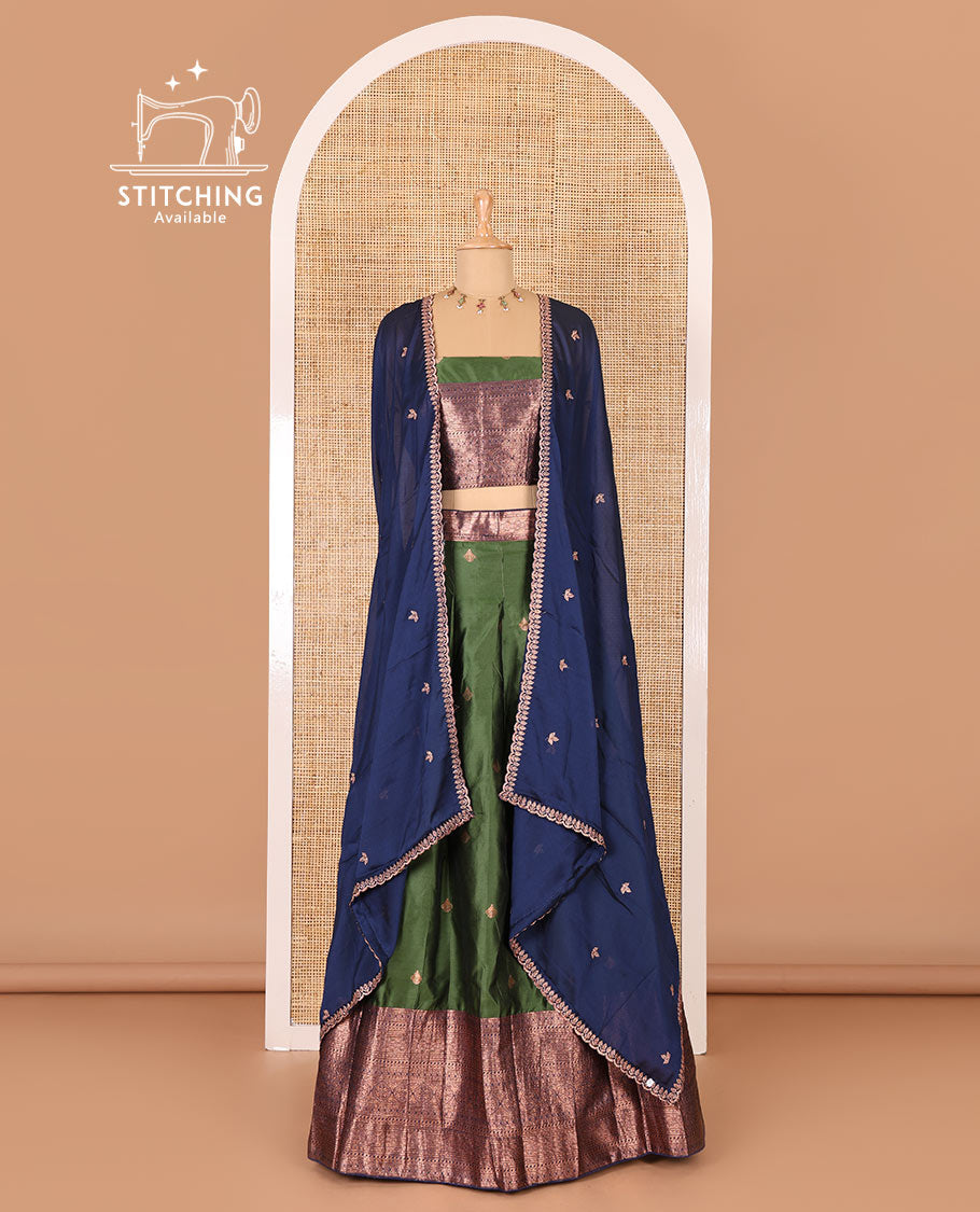 Bottle green taffeta silk half-saree, zari buttas and contrast traditional zari bordered skirt, a matching blouse, and contrast embroidered satin georgette  dhavani