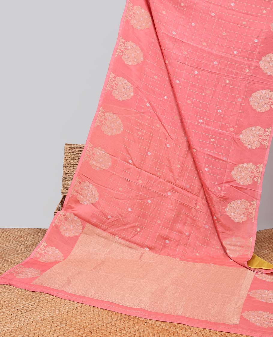 Peach floral motifs enclosed checked design mushru silk saree with self tree motifs border & zari design pallu
