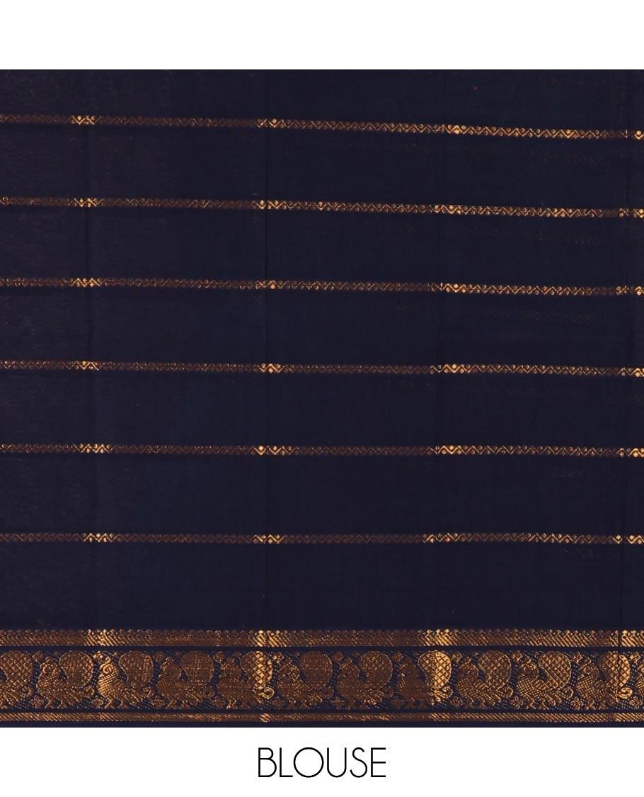 Blue plain sungudi cotton saree, contrast big annam motifs woven zari border, zari striped pallu & zari design blouse