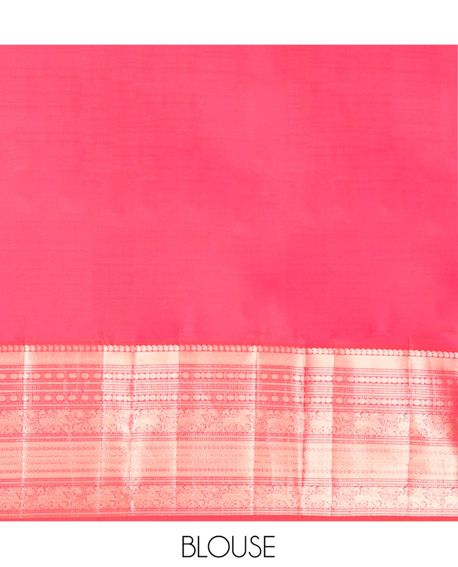 Green Vasundhara Silk Saree, Enriched with Zari Checked Design on Its Body, Complemented by Contrast Border of Manga, Muthu, Rudraksham, and Yaali Designs, Grandly Woven Jaal Pallu, and Paired with a Contrast Blouse