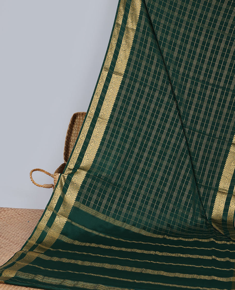 Green checked art mysore silk saree with self zari design border & striped zari pallu