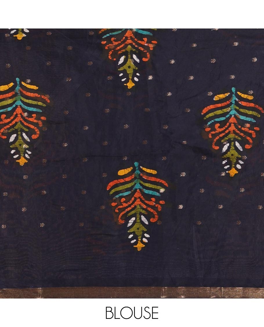 Navy blue batik printed with zari buttas woven chanderi cotton saree, zari piping border, batik printed pallu, and batik printed matching blouse