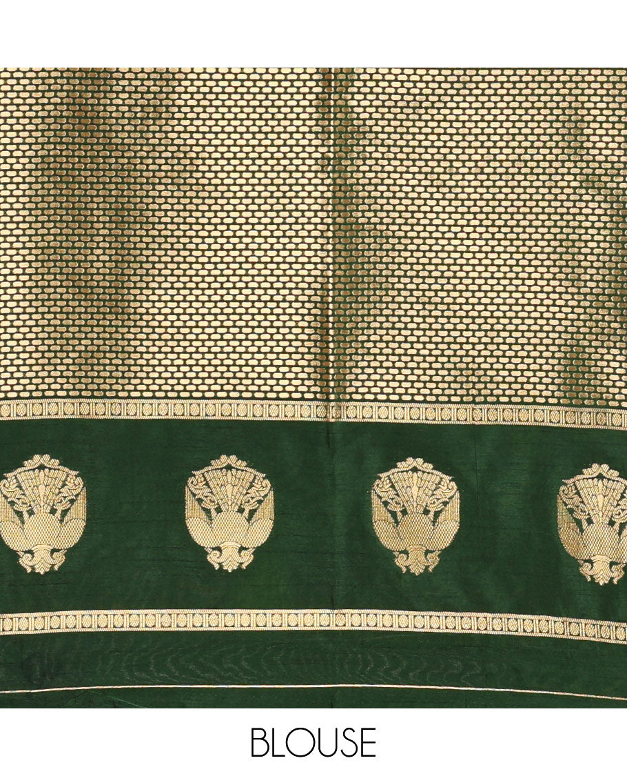 Mustard peacock buttas dola silk saree, contrast rudraksham & iruthalai pakshi border, intricate pallu & contrast jacquard blouse