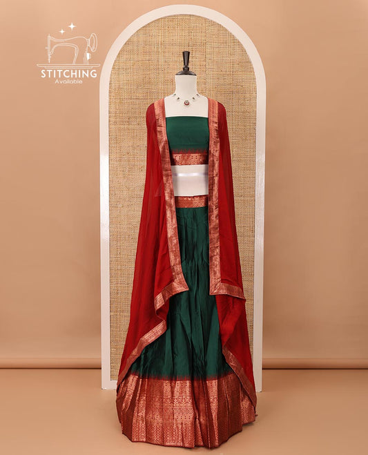 Green taffeta silk material chudidar,plain skirt,contrast temple traditional zari border,zari design blouse & zari border georgette dhavani