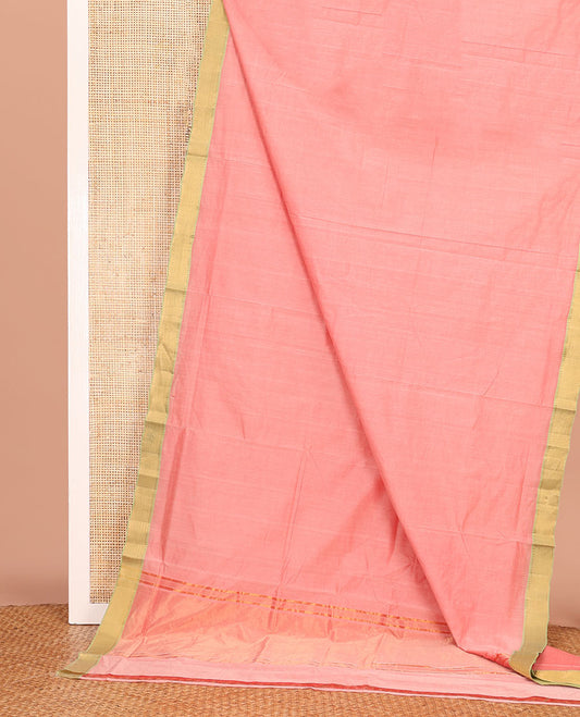 Pink Plain Mangalagiri Cotton Saree, Complemented by Contrast Temple Zari Border, Gleaming Zari Pallu, and Paired with a Matching Blouse