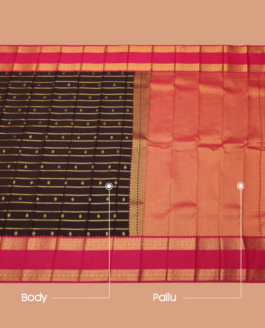 Brown Budget Silk Saree, Gleamed Up with Zari Buttas and Stripes, Complemented by a Contrast Traditional Zari Border, Grand Pallu, and a Contrast Blouse