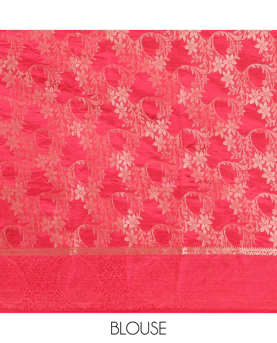 Red floral jaal jacquard fancy tussar saree, zari floral design border, tissue lining pallu & floral jaal zari matching blouse