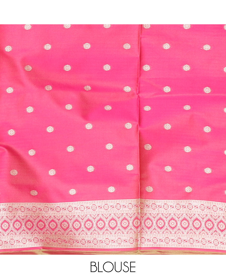 Olive green small zari buttas woven elite soft silk saree, contrast zari woven scallop satin border, jaal pallu, and a contrast chakram zari motifs blouse