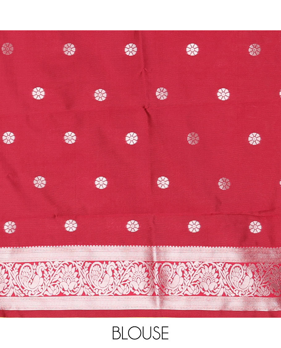 Mustard vertical striped & parrot motifs kanchi silk saree, contrast satin temple border, zari-rich jaal pallu & contrast zari design blouse