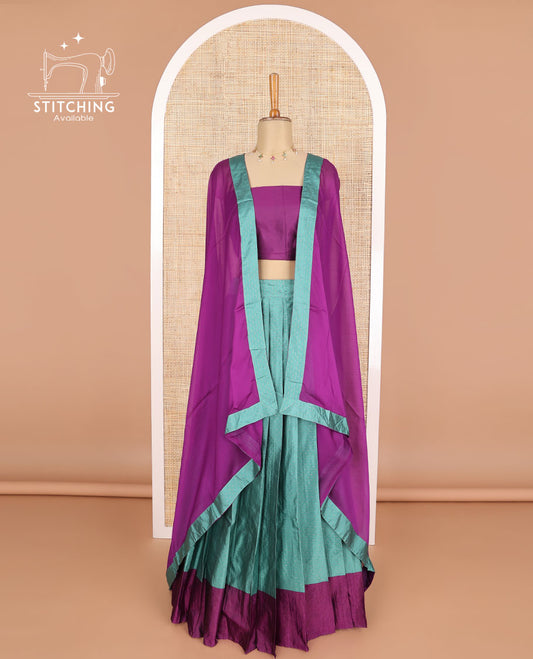 Sea blue geometric design poly-cotton half saree with contrast border, plain blouse & plain, geometric design border dhavani