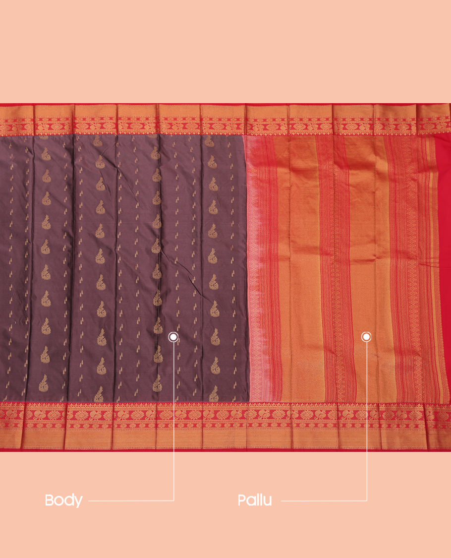Brown Budget Silk Saree, Decked Up with Zari Buttas, a Contrast Traditional Zari Border, Intricate Pallu, and a Contrast Blouse
