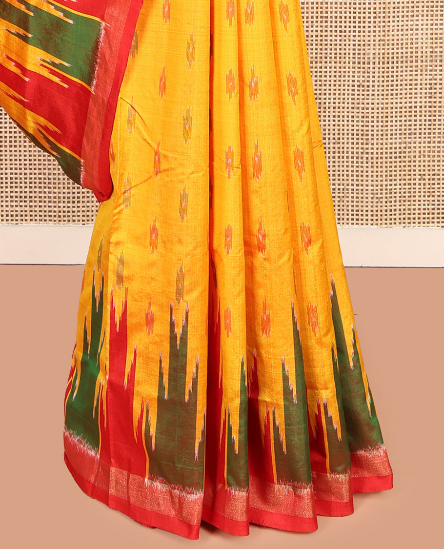 Yellow Pochampally Ikat Silk Saree, Ornamented with Ikat Buttas, Complemented by a Contrast Temple Border, Striped Pallu, and a Contrast Blouse