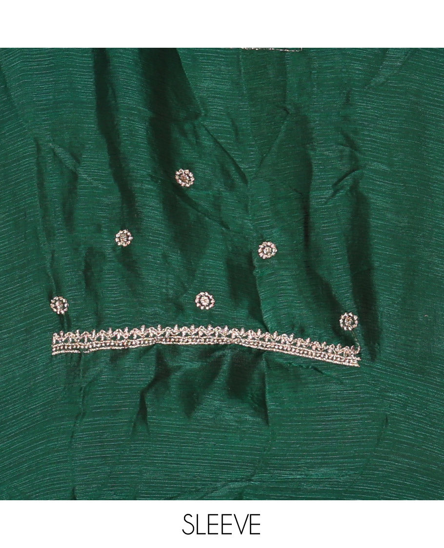 Bottle Green Half-Saree Set, Richly Detailed with Stone Work and Bird Motifs Embroidery on Its Satin Georgette Skirt, Highlighted by Embroidered Border, Paired with a Matching Blouse, and Comes with a Contrast Scallop Stone Work Dupatta