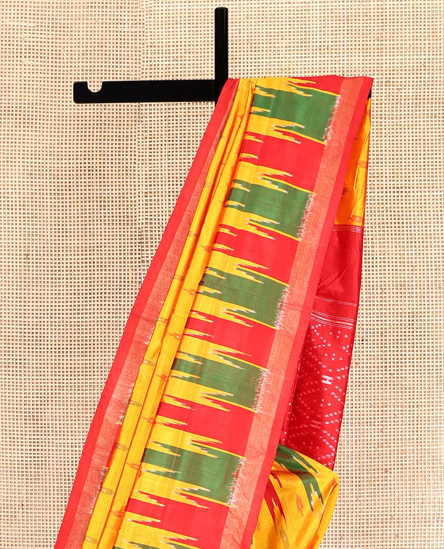 Yellow Pochampally Ikat Silk Saree, Ornamented with Ikat Buttas, Complemented by a Contrast Temple Border, Striped Pallu, and a Contrast Blouse