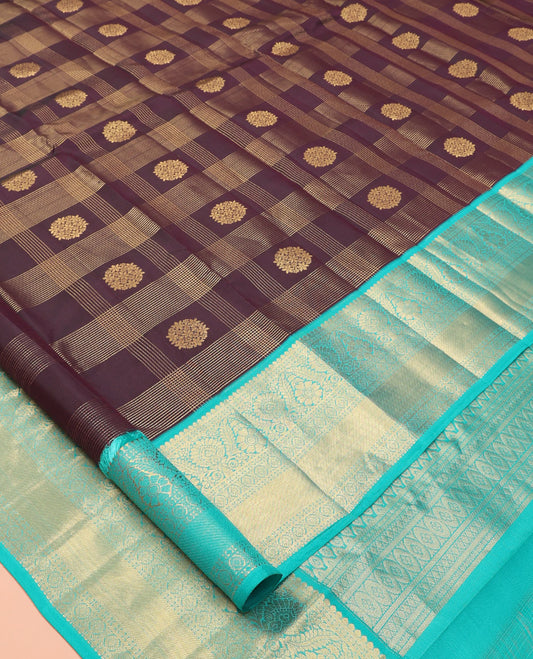 Brown Vasundhara Lite Silk Mix Saree, Decorated with Zari Buttas and Checks, a Contrast Traditional Zari Border, Grand Jaal Pallu, and a Contrast Blouse