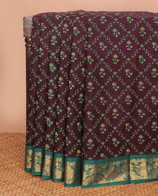 Dark maroon floral jaal printed Andhra cotton saree, contrast traditional zari motif border & zari pallu of paisleys