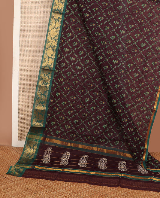 Dark maroon floral jaal printed Andhra cotton saree, contrast traditional zari motif border & zari pallu of paisleys