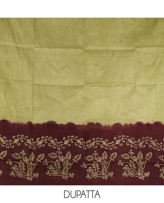 Brown cotton material chudidar set, batik style floral printed top, contrast plain bottom, and dupatta of floral batik print