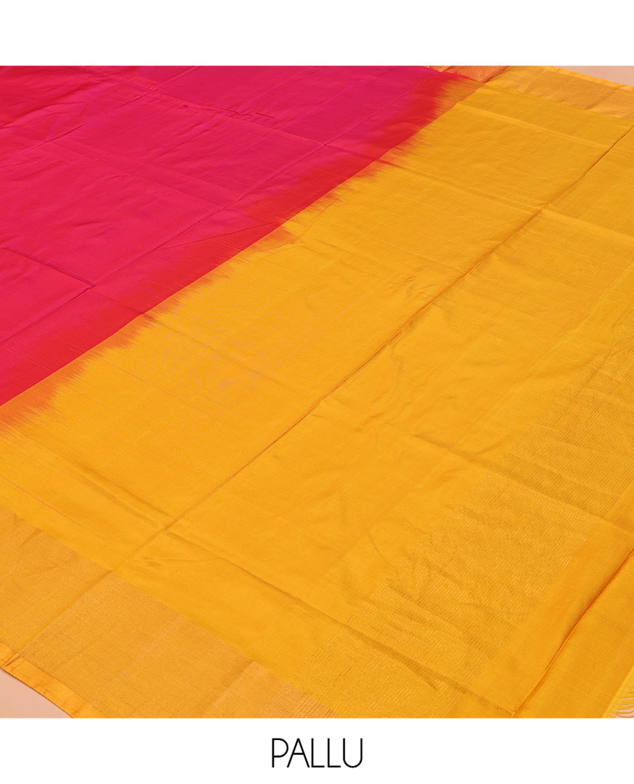 Pink Plain Uppada Silk Saree, Complemented by a Contrast Plain Border, Pallu Steeped with Zari Stripes, and Paired with a Contrast Blouse