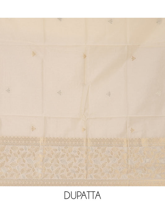 Kerala cream chudidar material, zari buttas & leaf motif taffeta silk top, plain cream santoon bottom & leaf zari designs dupatta
