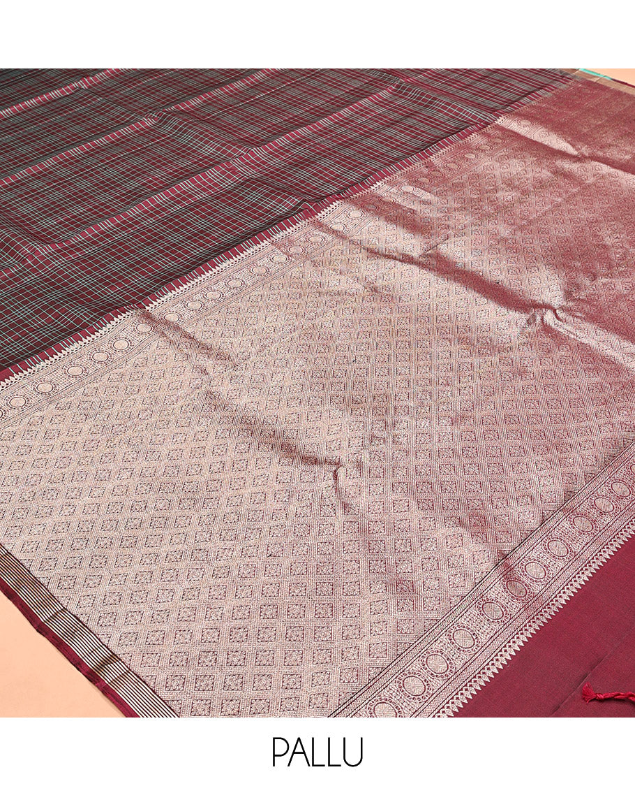 Maroon Checked Kanchipuram Silk Saree, a Self-Border of Unique Motifs, Grand Jaal Pallu, and a Matching Blouse