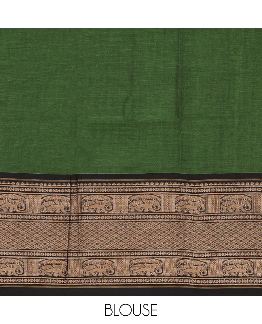 Leaf green with black cotton half saree with contrast elephant design border,elephant design blouse & zari design border dhavani