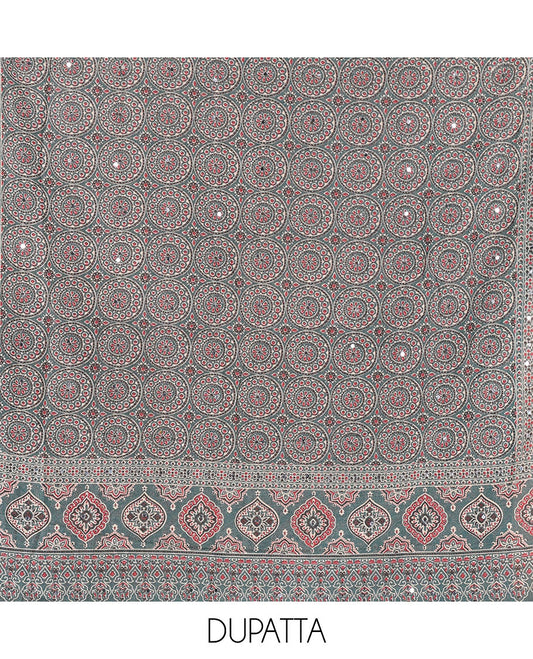 Bottle green material chudidar set, plain Vichitra silk top, santoon bottom, and dupatta of Ajrakh print and mirror work