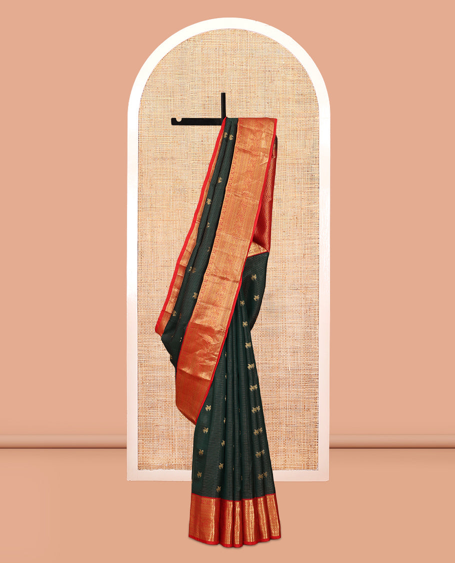 Green Kuthirai Buttas-Striped Vasundhara Lite Silk Mix Saree, a Contrast Mayil Border, Intricate Pallu, a Contrast Blouse