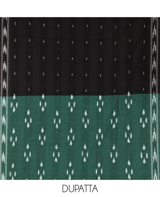 Green material chudidar set, diamond patterned pure cotton pochampally ikkat top, contrast bottom & dual-color ikkat motifs pure cotton pochampally ikkat dupatta