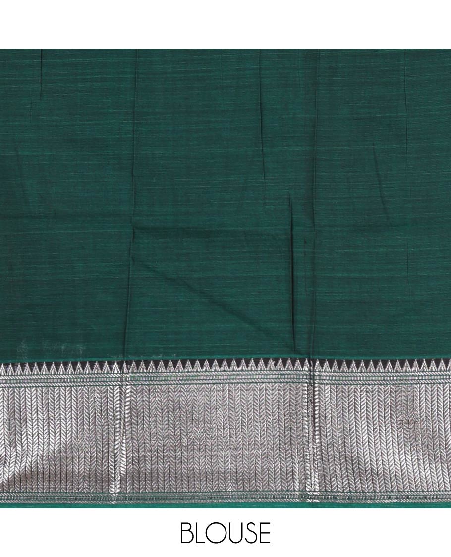 Green-Black Mercerised cotton half-saree, plain & contrast temple geometric border skirt, matching blouse & contrast zari border Vichitra silk dhavani