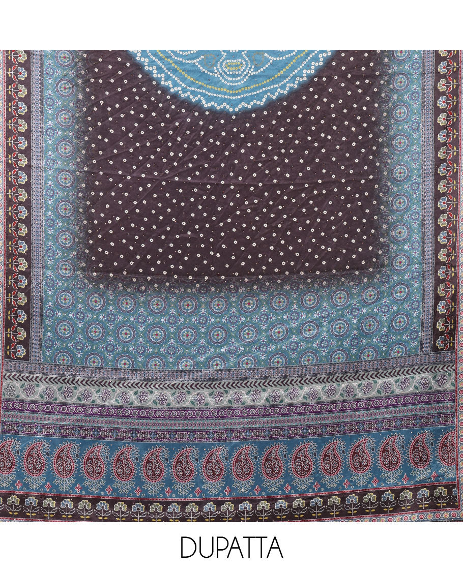 Peacock blue crepe chudidar material set, ajrakh-print with daman floral design top, plain bottom & dupatta of bandhani dots & ajrakh-style print