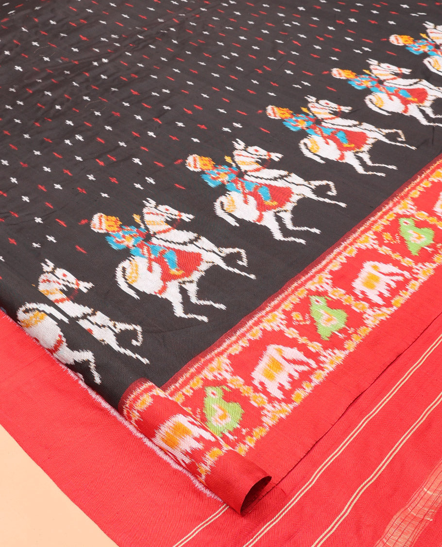 Black Pochampally Ikat Saree, Adorned with Buttas and Horse Rider Ikat Weave, a Contrast Ikat Animal Weave Border, Jaal Pallu, and a Contrast Blouse