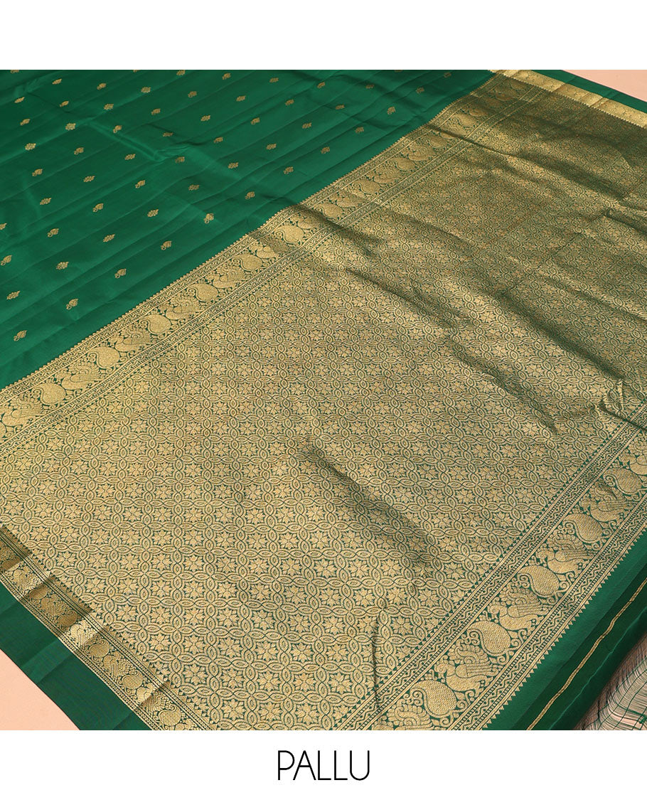 Green Vasundhara Silk Saree, Woven with Zari Buttas, a Kal Eragina Border of Rekku, Neli, Manga, and Mayil Design, Grand Pallu, and a Matching Blouse