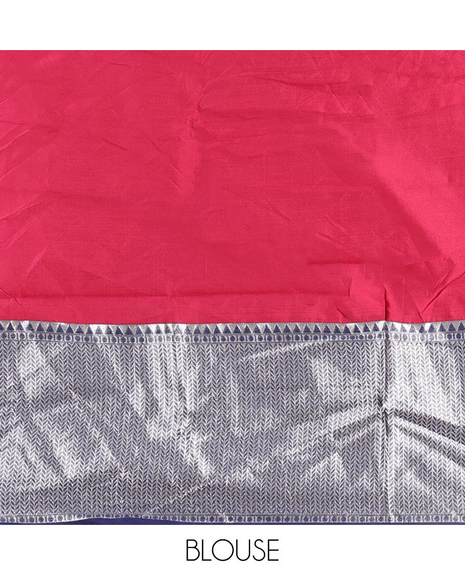 Rani pink-navy blue taffeta silk half-saree, plain & contrast temple & kathir boder skirt, matching blouse & contrast stonework scallop border syska georgette dhavani