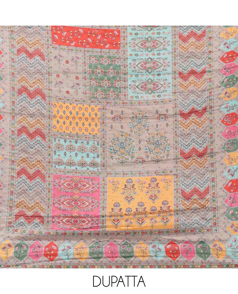 Ash color negative print, geometric design, swarovski work crepe chudidhar material top with american crepe pant & chinnon material geometric print, swarovski work dupatta