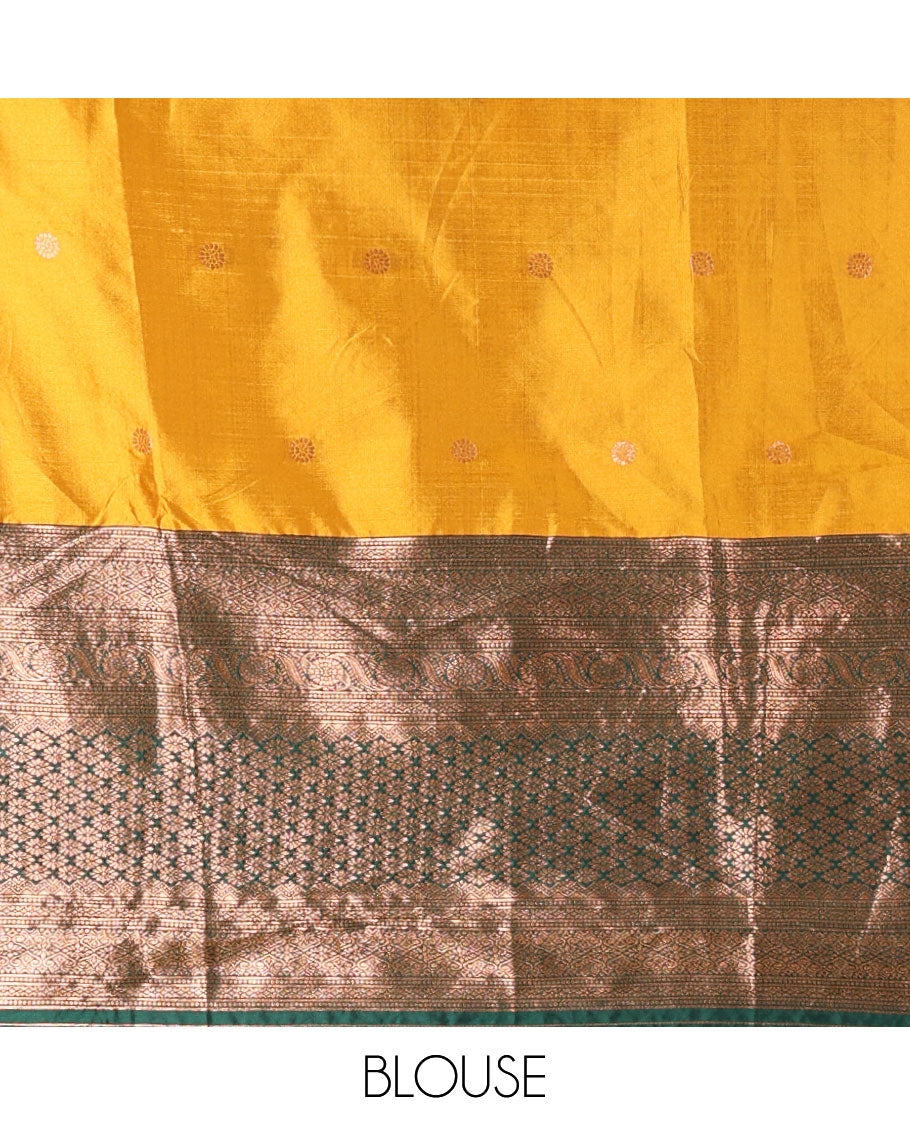 Mustard-green taffeta half-saree, zari buttas with contrast traditional zari bordered skirt, a matching blouse, and contrast zari border dhavani with belt