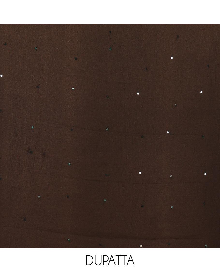 Green material chudidar set, black beads & mirror neck embroidered with buttas woven vichitra silk top, santoon bottom & contrast mirror work chiffon dupatta