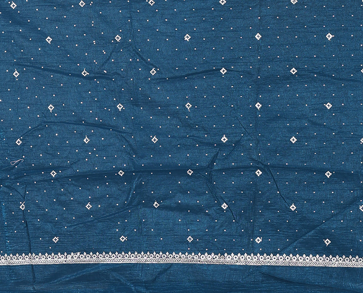 Blue half-saree, floral motifs embroidered semi raw silk top, matching embroidered blouse, and contrast scallop embroidered georgette dhavani