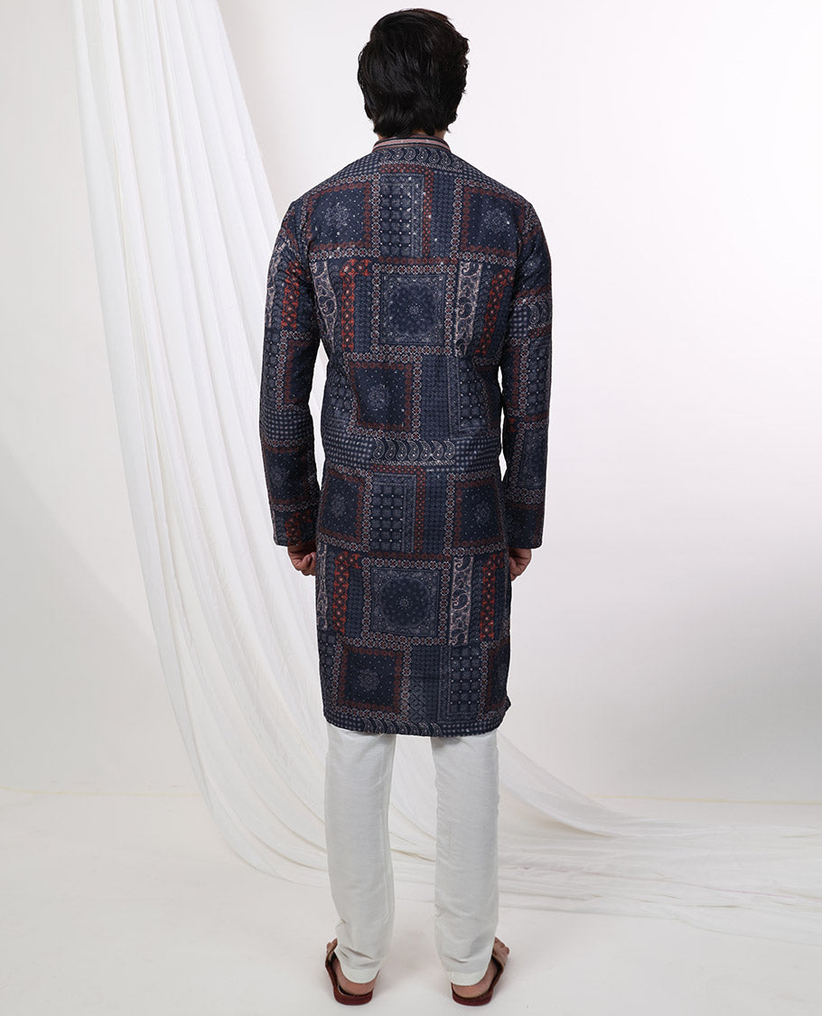 Blue floral design with mirror work mandarin collar & full-sleeve long raw silk kurta