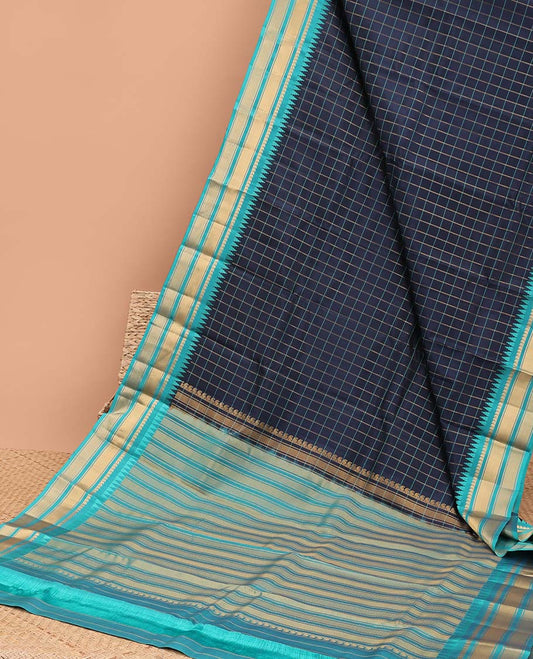 Blue striped vasundhara elite silk saree with contrast striped, temple border & striped pallu